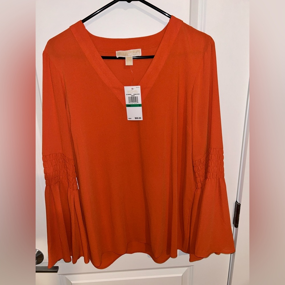 NWT Michael Kors Vibrant Orange V-Neck long sleeve Top Flow Arms sheer